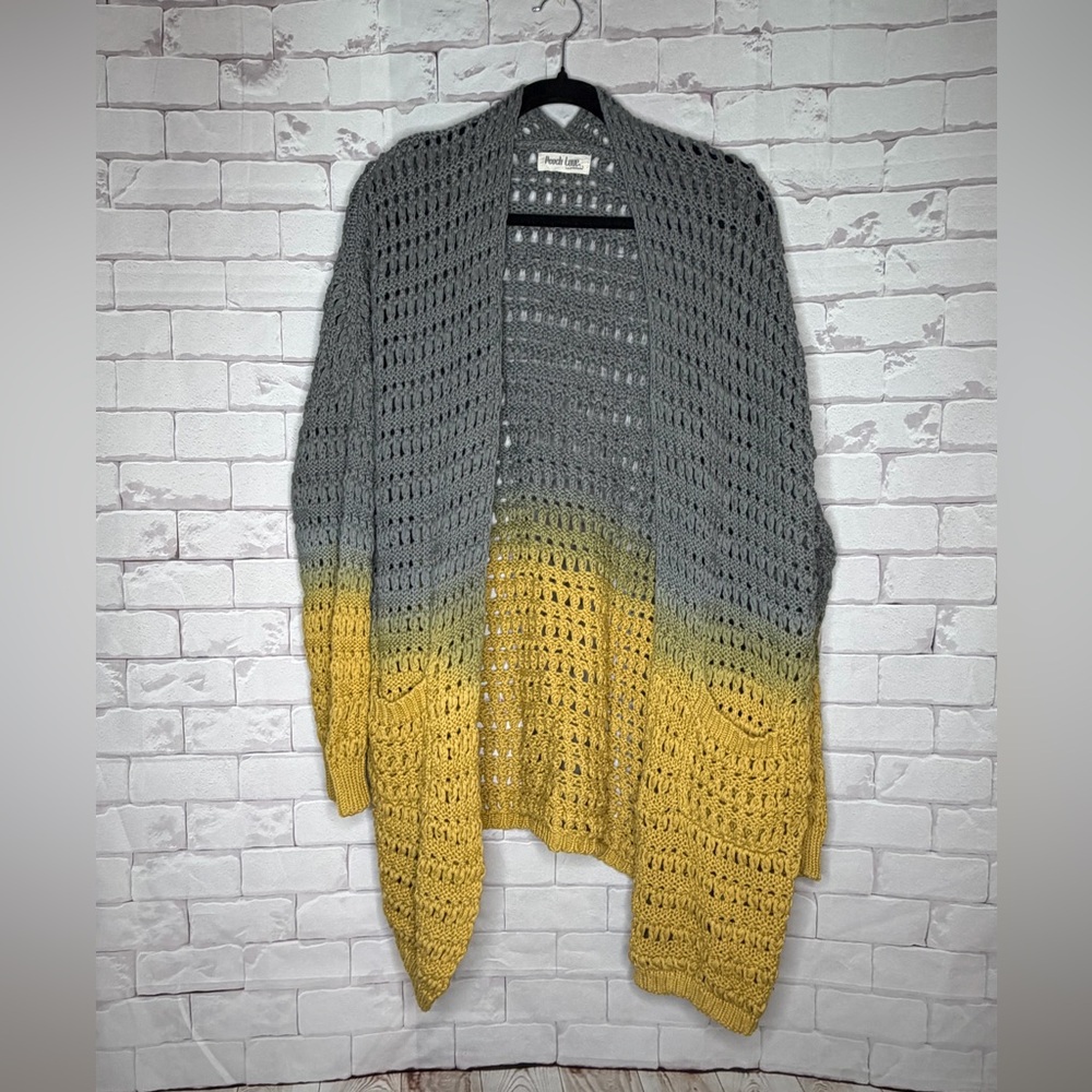 Peach Love Boho Open-Knit Ombré Cardigan | Gray & Mustard Crochet Sweater/ Sz Lg